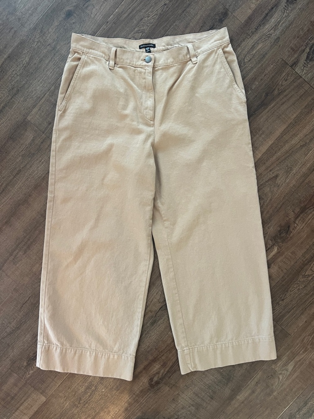 Eileen Fisher Organic Cotton Wide Leg Crop Pants Tan High Rise Size Large